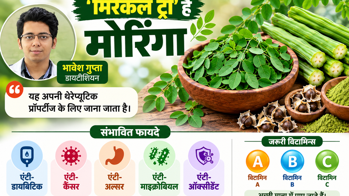 सहजन की पत्तियों, फलियों और बीजों को दर्शाती तस्वीर