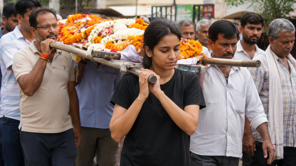 अलीगढ़ में 19 वर्षीय निमि गुप्ता पिता की अंतिम यात्रा में अर्थी को कंधा देती हुई