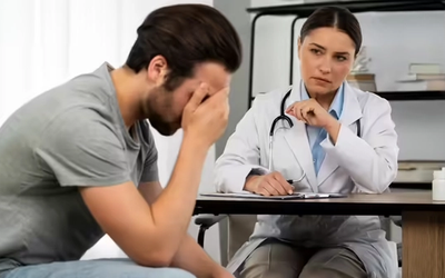 डॉक्टर मरीज को सिरदर्द के कारण और MRI जांच की जरूरत के बारे में समझाते हुए