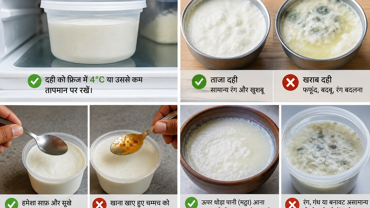 फ्रिज में सुरक्षित तरीके से रखा दही और खराब दही की पहचान के संकेत।