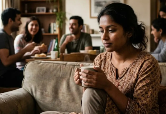 परिवार और दोस्तों के बीच होने के बावजूद अकेलापन महसूस करता एक व्यक्ति।