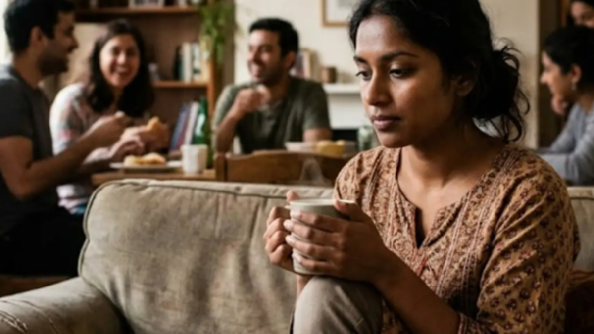 परिवार और दोस्तों के बीच होने के बावजूद अकेलापन महसूस करता एक व्यक्ति।
