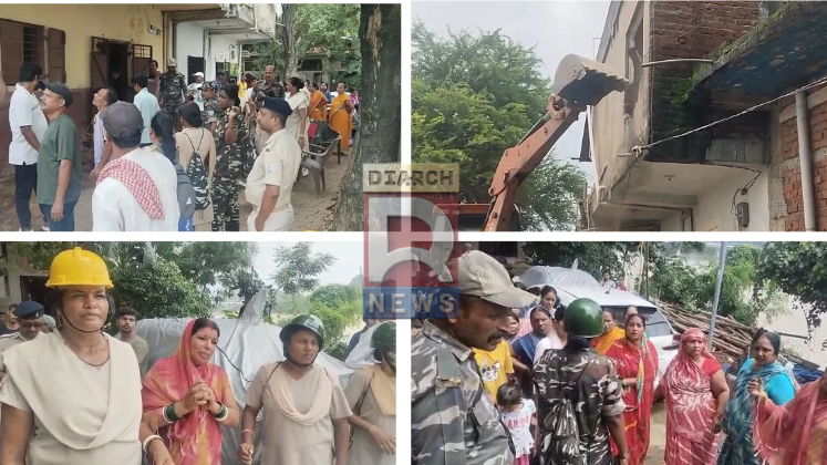 मानगो कुंवर बस्ती में स्वर्णरेखा नदी किनारे अतिक्रमण हटाती जेसीबी और प्रशासनिक टीम