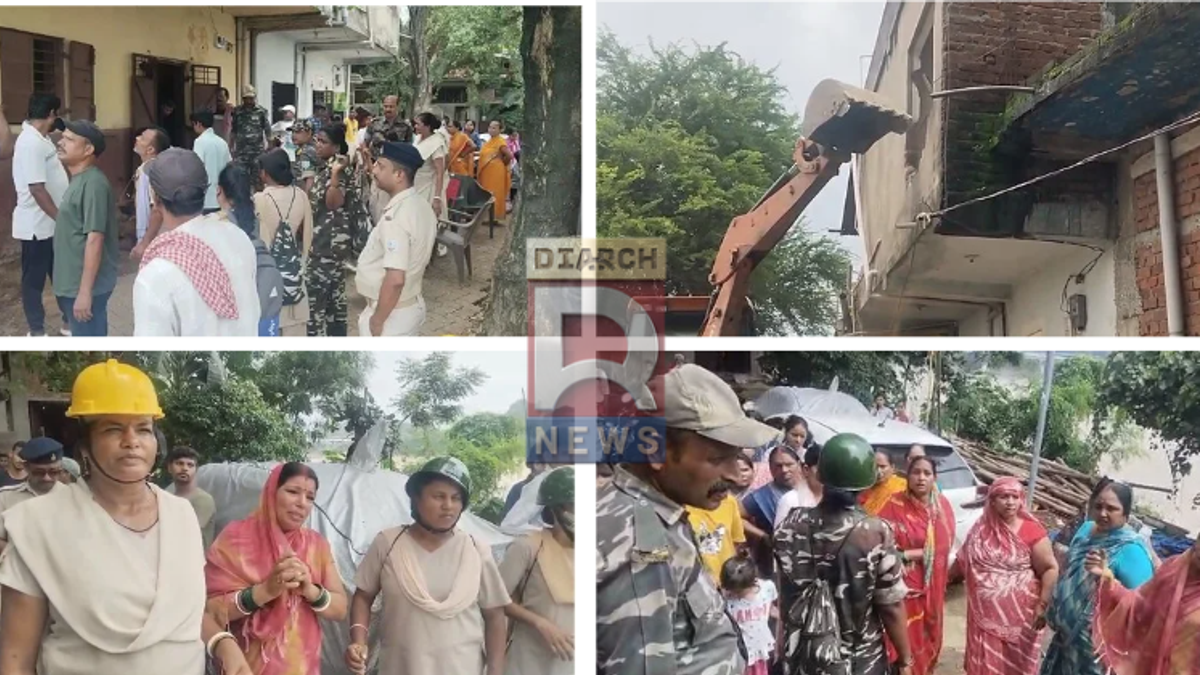 मानगो कुंवर बस्ती में स्वर्णरेखा नदी किनारे अतिक्रमण हटाती जेसीबी और प्रशासनिक टीम