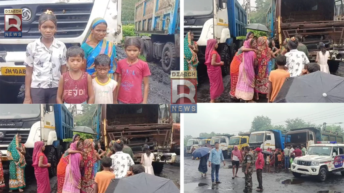 चासनाला रेलवे साइडिंग में हाइवा हादसे के बाद मौके पर मौजूद पुलिस और ग्रामीण
