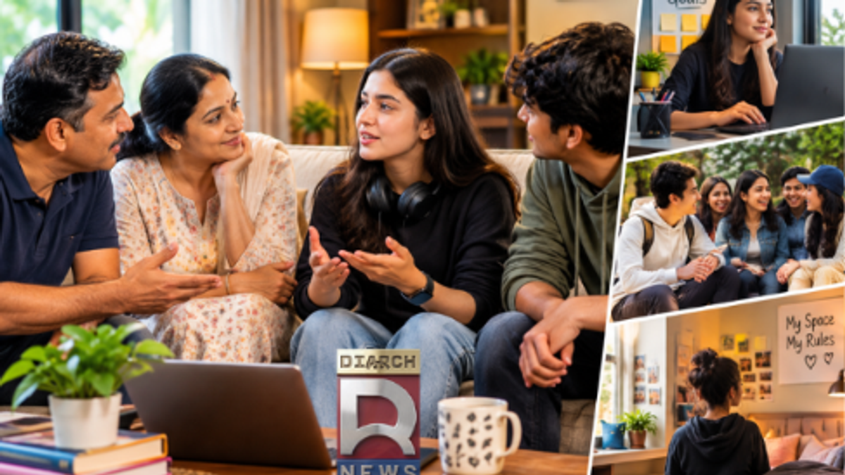 Gen Z युवा माता-पिता के साथ बातचीत करते हुए Personal Space और अपनी पसंद की आजादी को दर्शाता दृश्य।