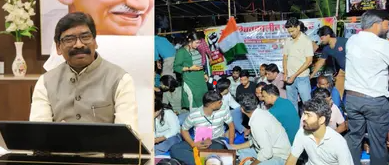 JPSC आंदोलन के बीच मुख्यमंत्री हेमंत सोरेन और प्रदर्शन करते छात्र