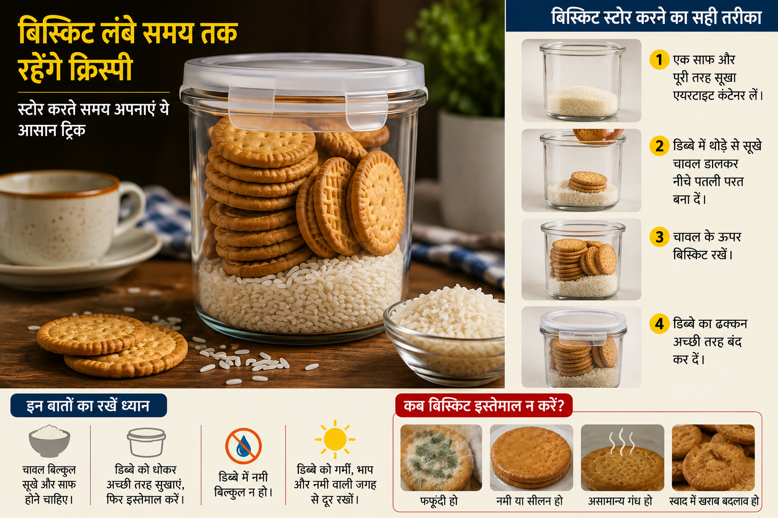   चावल की मदद से एयरटाइट डिब्बे में बिस्किट स्टोर करने का तरीका