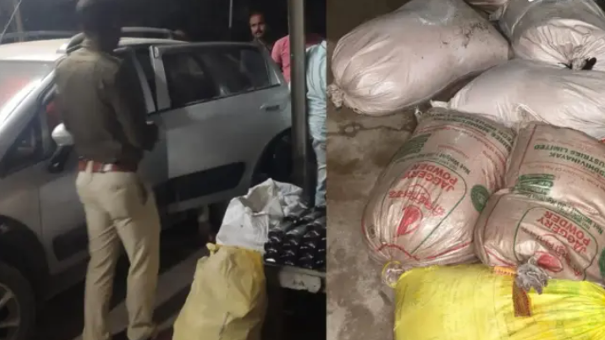 पटना में संयुक्त सचिव की नेम प्लेट लगी कार से 560 लीटर महुआ शराब बरामद करती पुलिस।