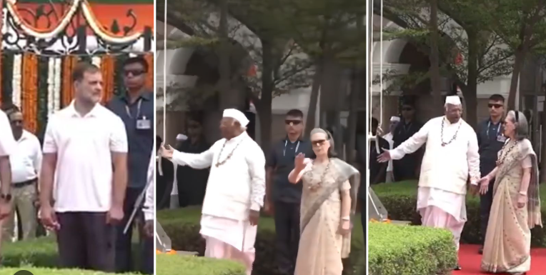 स्वतंत्रता दिवस कार्यक्रम में वंदे मातरम के दौरान कांग्रेस नेता सोनिया गांधी, राहुल गांधी और मल्लिकार्जुन खरगे