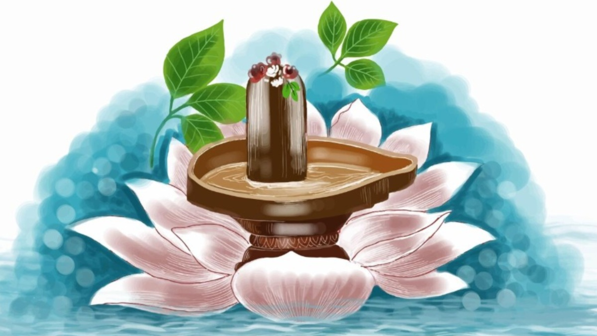 सावन में शिवलिंग पर विधि-विधान से बेलपत्र अर्पित करते श्रद्धालु और भगवान शिव की पूजा का सांकेतिक दृश्य।