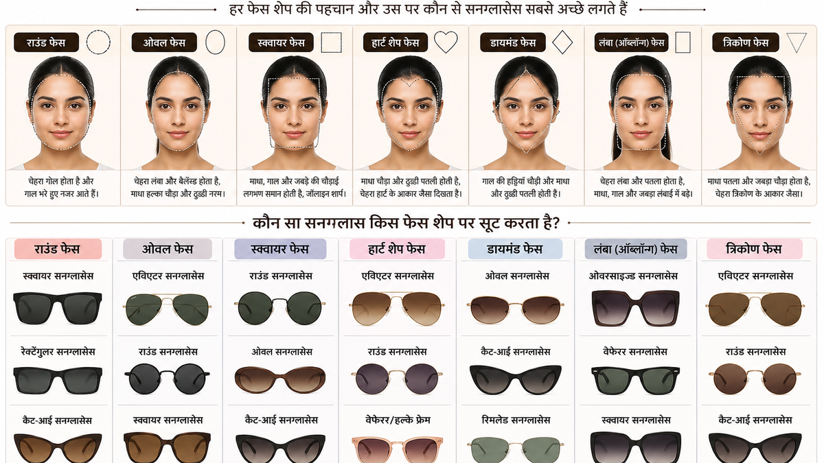 चेहरे के आकार के अनुसार अलग-अलग सनग्लास फ्रेम चुनने का फैशन विजुअल