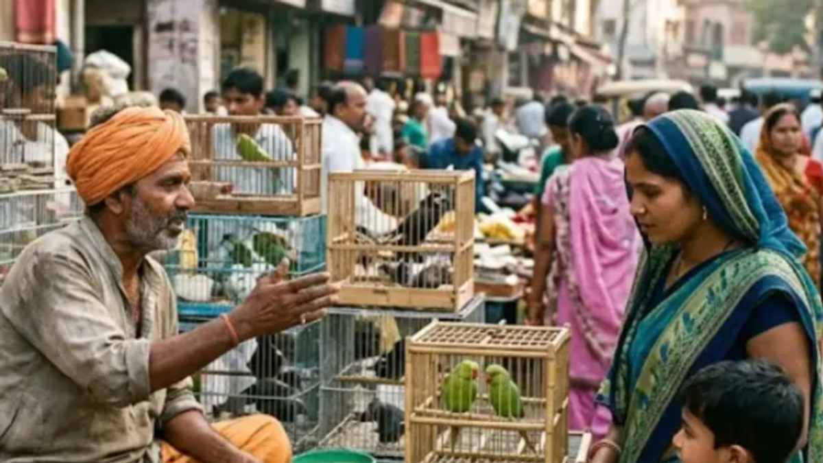 रांची रथ मेले में पालतू पक्षियों और जानवरों की बिक्री वाले स्टॉल पर खरीदारी करते लोग।