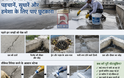 बारिश में छत की लीकेज और दरार की मरम्मत करते व्यक्ति का दृश्य