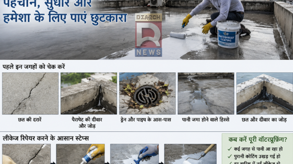 बारिश में छत की लीकेज और दरार की मरम्मत करते व्यक्ति का दृश्य