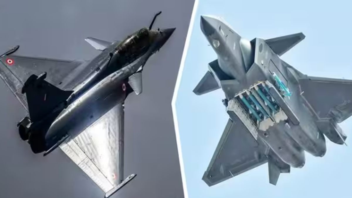 Rafale F5 लड़ाकू विमान और AI-सक्षम ड्रोन की प्रतीकात्मक तस्वीर, चीन के J-20 के मुकाबले भारत की संभावित नई एयर पावर