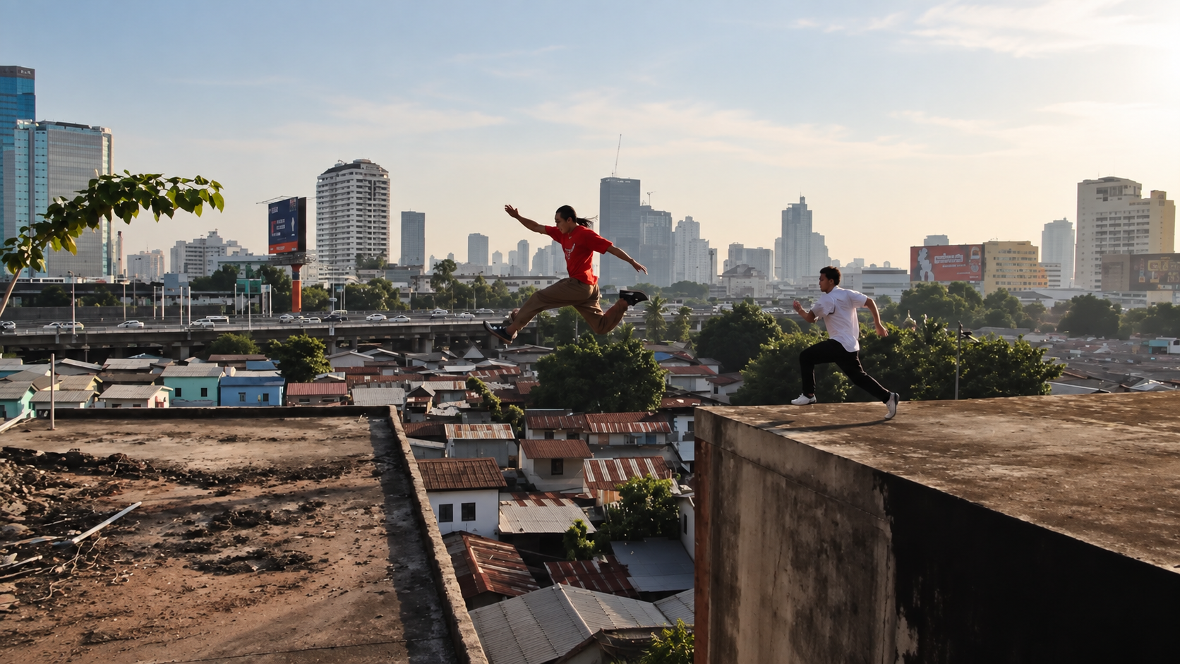 Anan Anwar and Dominic Di Timasso performing a roof gap in Bangkok
