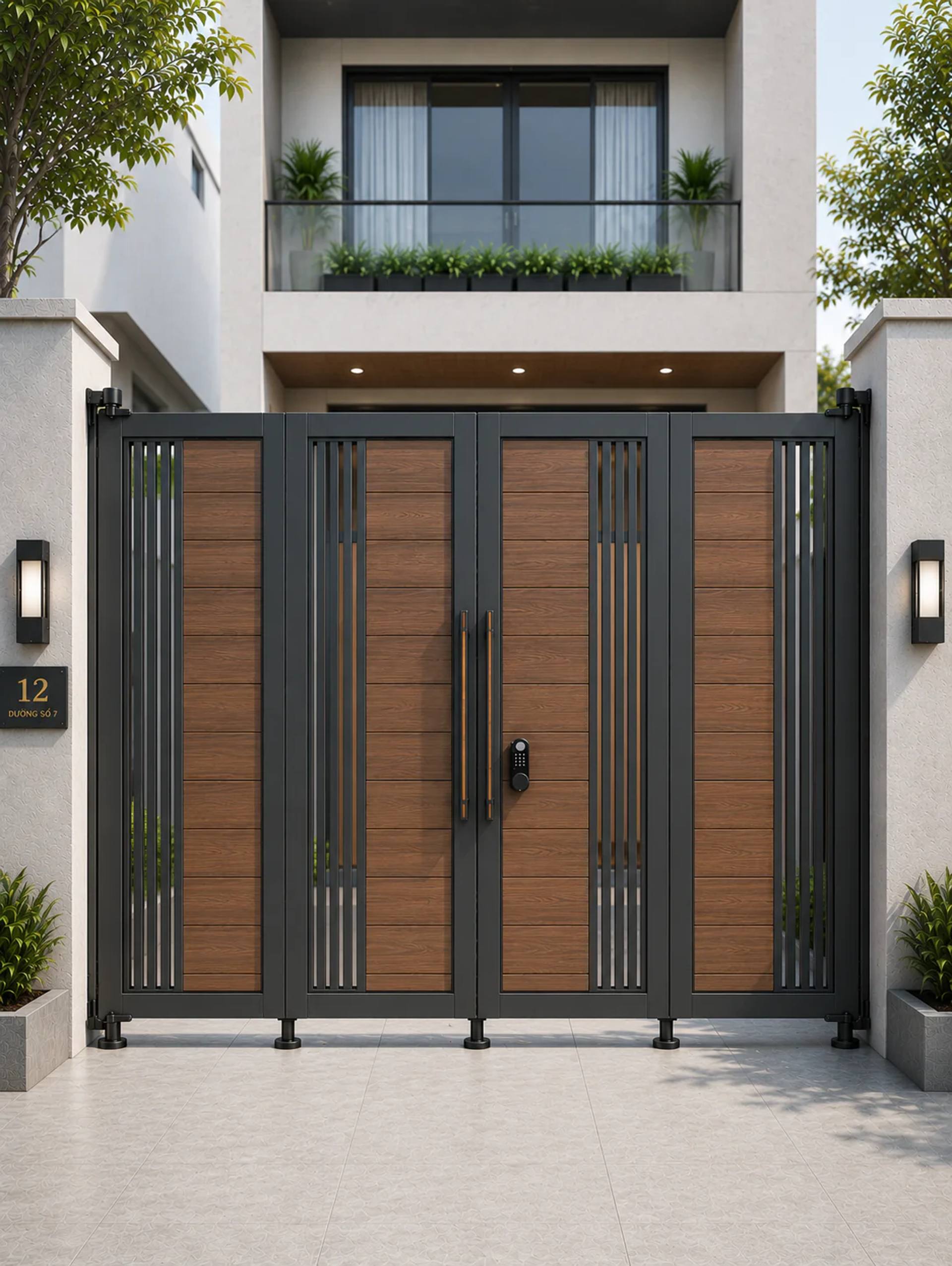 mẫu cổng sắt hộp 4 cánh mở xếp màu ghi xám thiết kế thanh sọc dọc bản lớn hiện đại cho biệt thự song lập | HM-CSGN-032