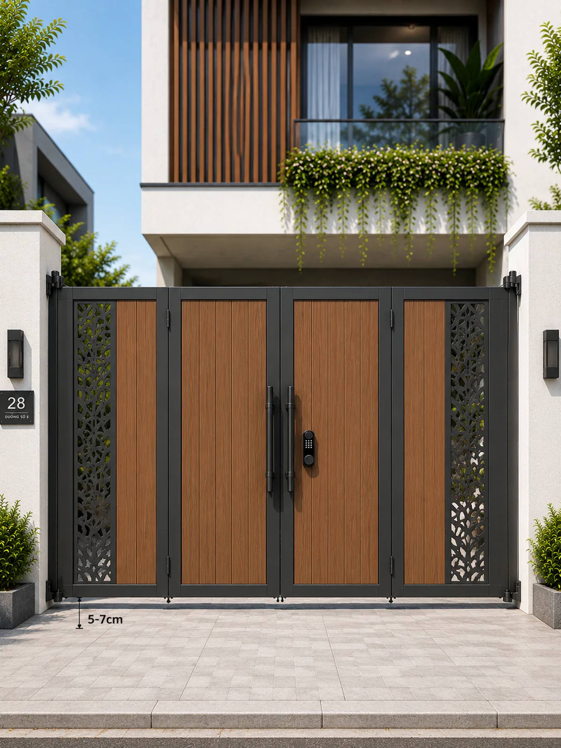 Mẫu cổng sắt hộp 4 cánh giả gỗ sơn tĩnh điện hiện đại HM-CSGN-012