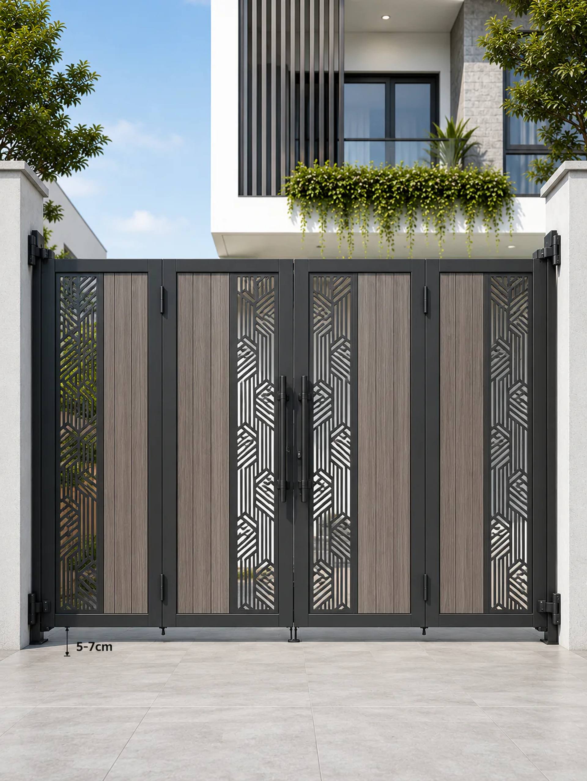 Mẫu cổng sắt hộp 2 cánh giả gỗ mặt tiền nhà vườn hiện đại HM-CSGN-013