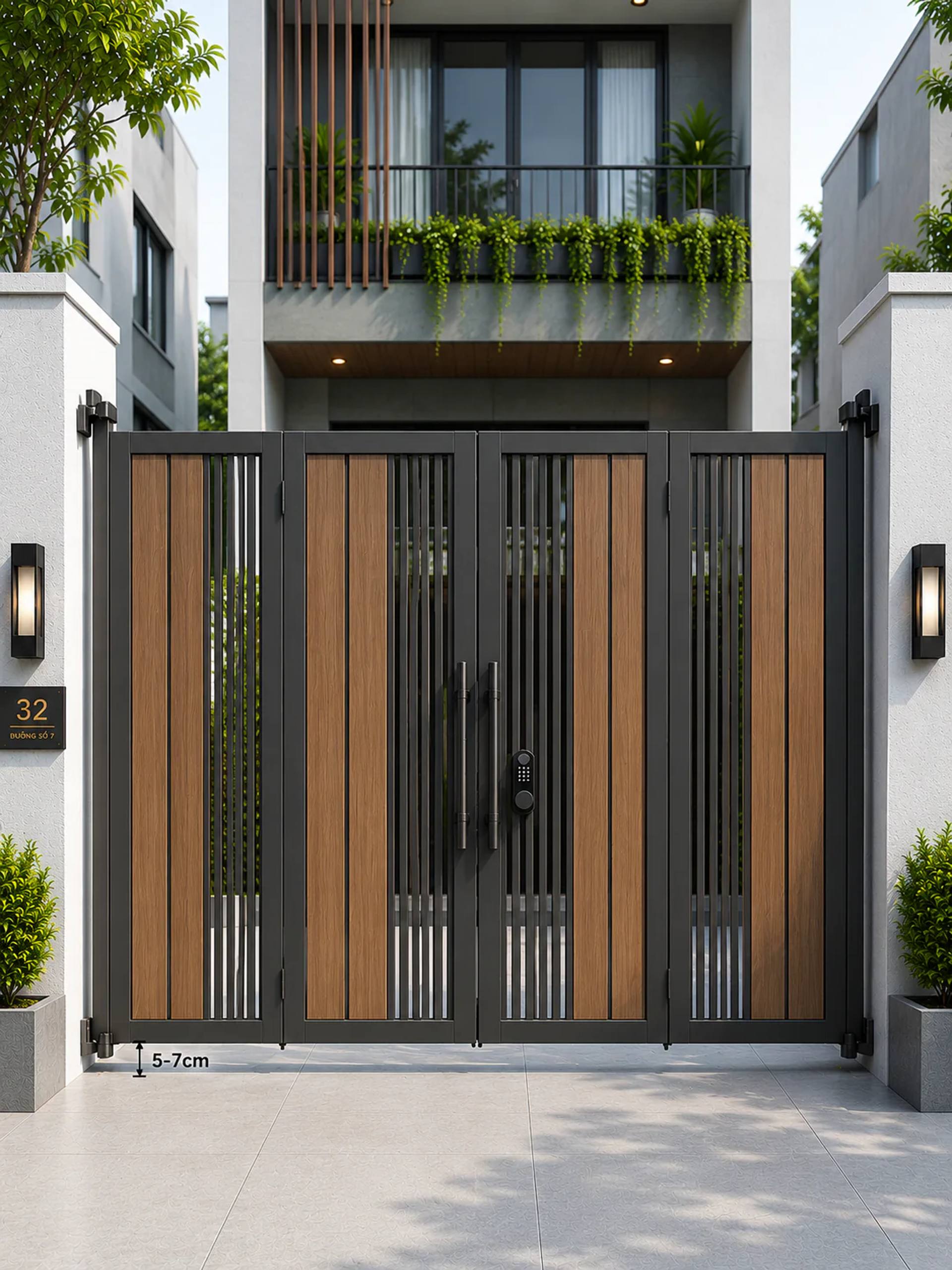 Mẫu cổng sắt hộp 4 cánh phối gỗ nhựa kín đáo hiện đại | HM-CSGN-006