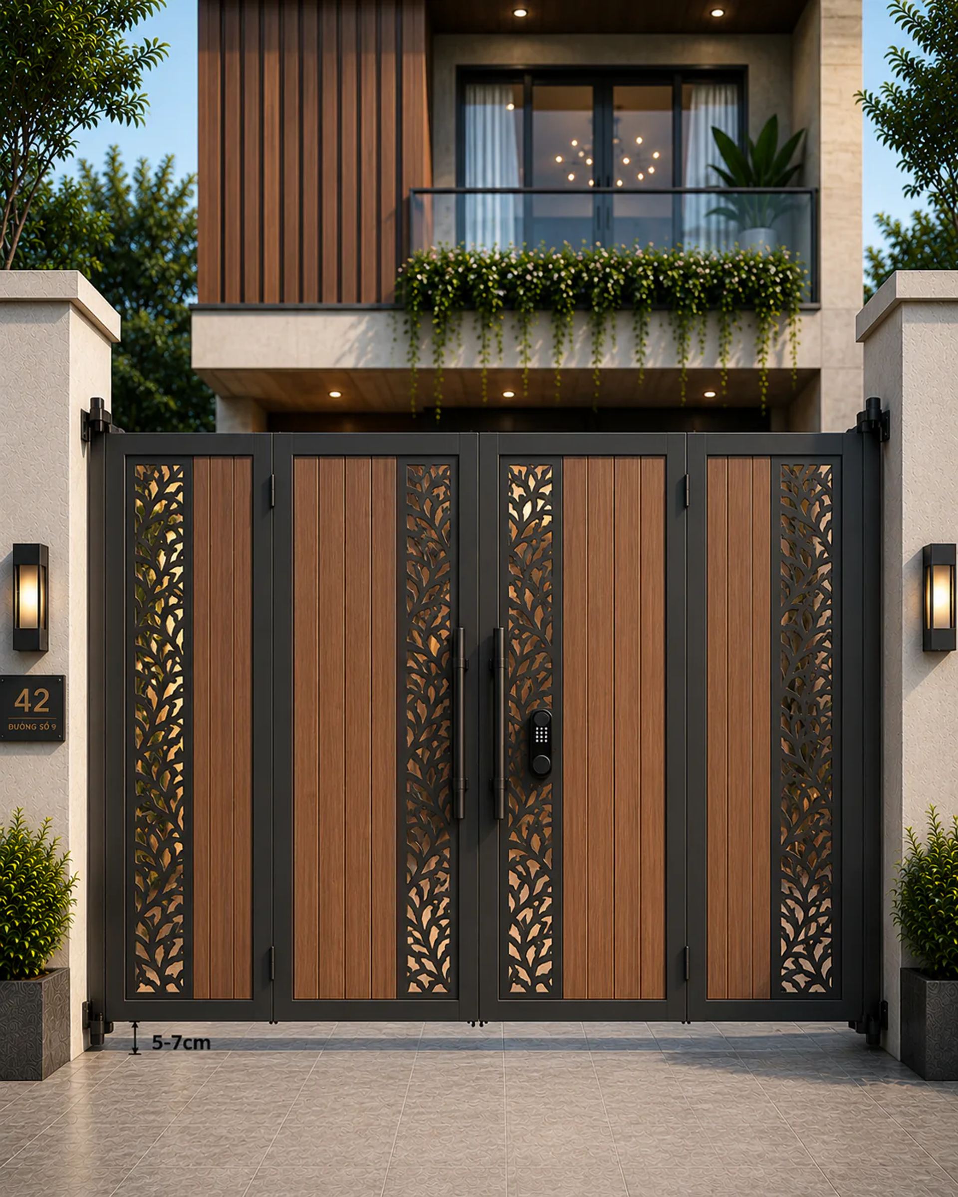 Mẫu cổng sắt 4 cánh giả gỗ hiện đại mặt tiền Hà Nội