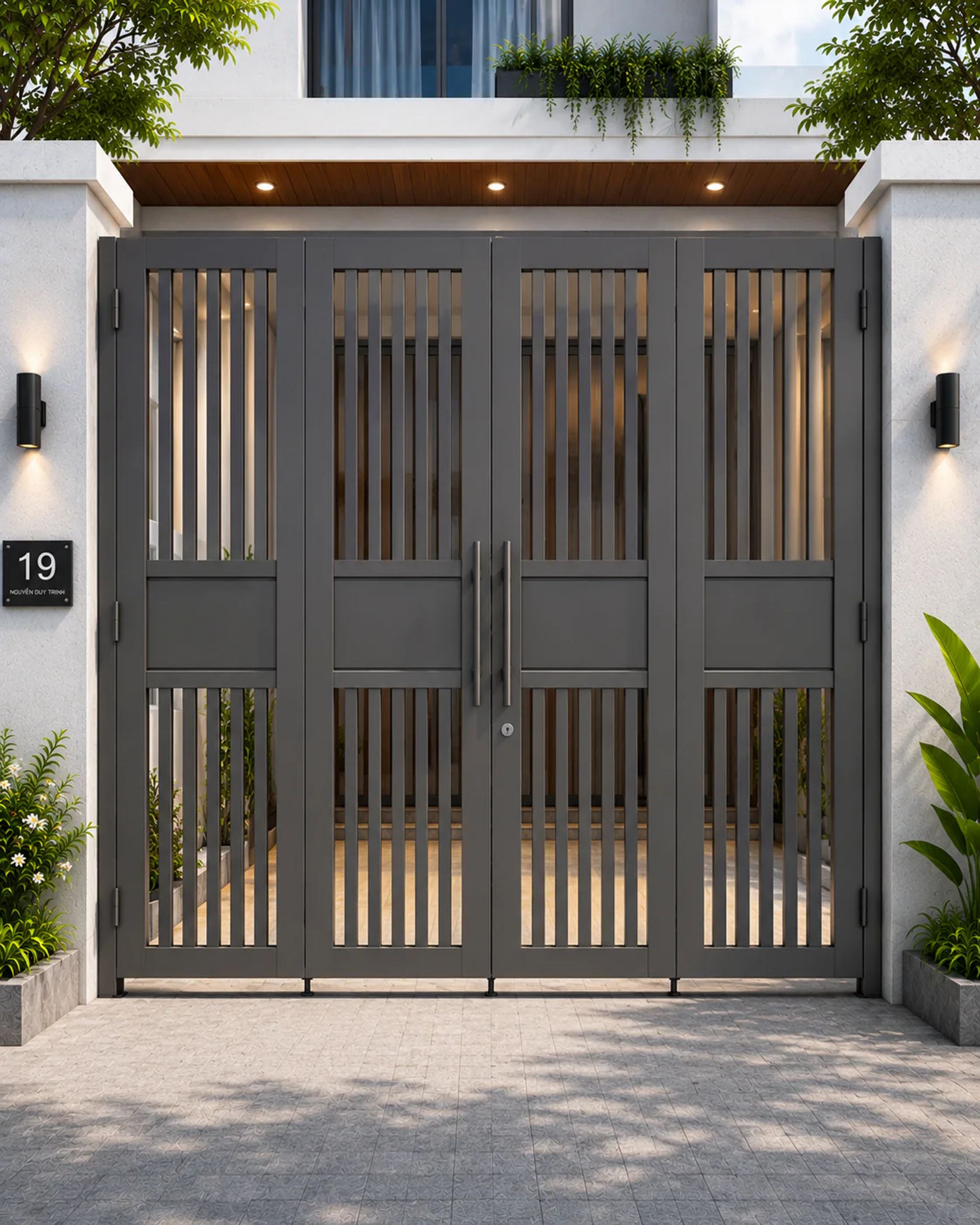 Làm cửa cổng sắt 4 cánh hiện đại mặt tiền