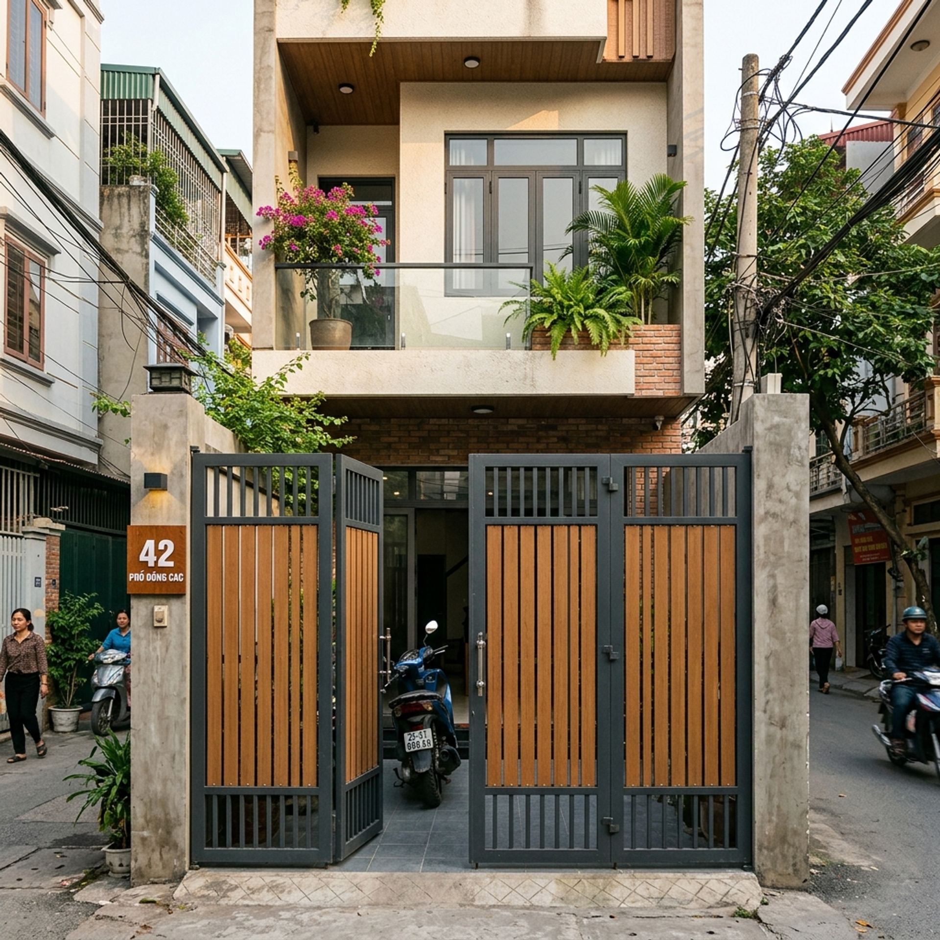 Cổng sắt hộp ốp nan gỗ nhựa Composite ngoài trời