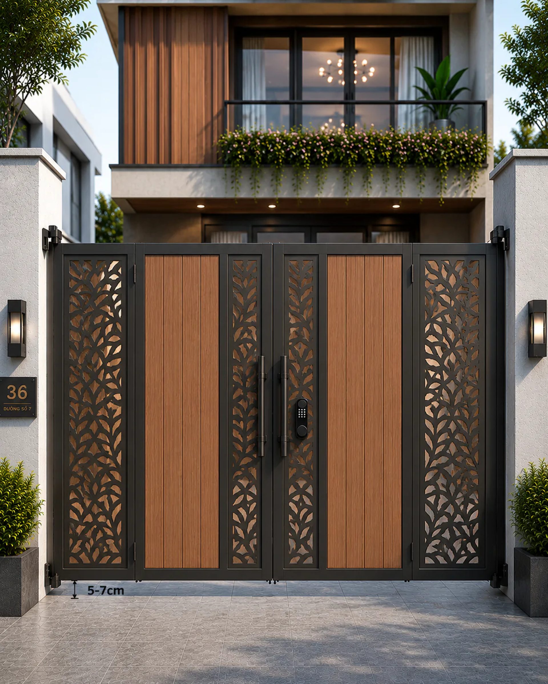 Mẫu cửa cổng sắt 4 cánh nan gỗ nhựa hiện đại mặt tiền nhà phố tại Hà Nội