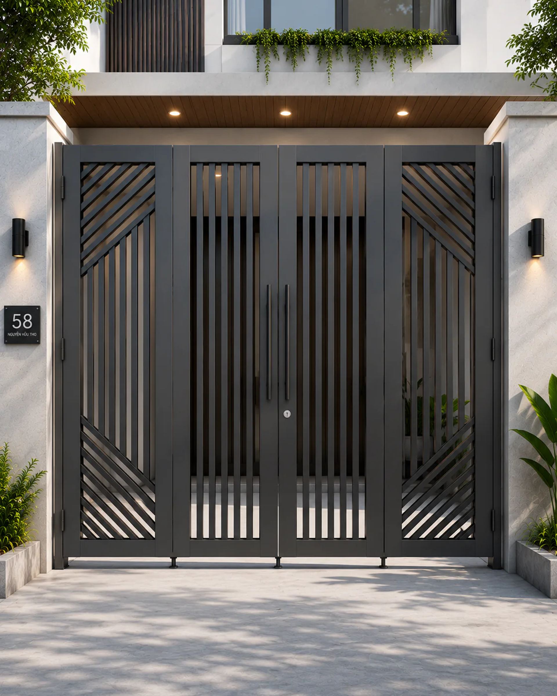 Mẫu cổng sắt 4 cánh nan dọc sắt hộp đơn giản
