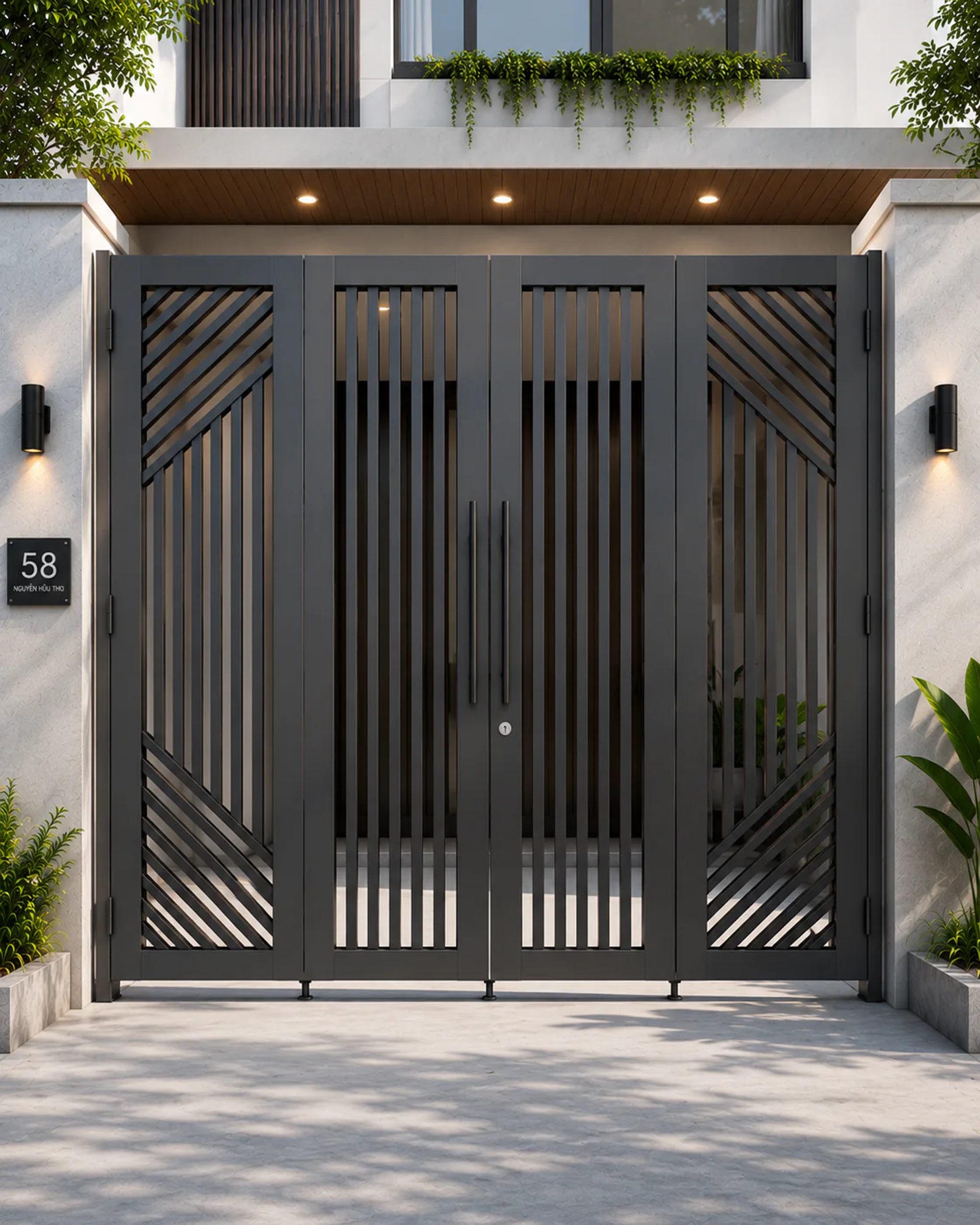 Mẫu cửa cổng sắt 4 cánh đẹp hiện đại mặt tiền nhà phố - Sự kết hợp hoàn hảo giữa sắt hộp mạ kẽm và lớp sơn tĩnh điện mang lại mặt tiền vững chãi cho nhà phố.
