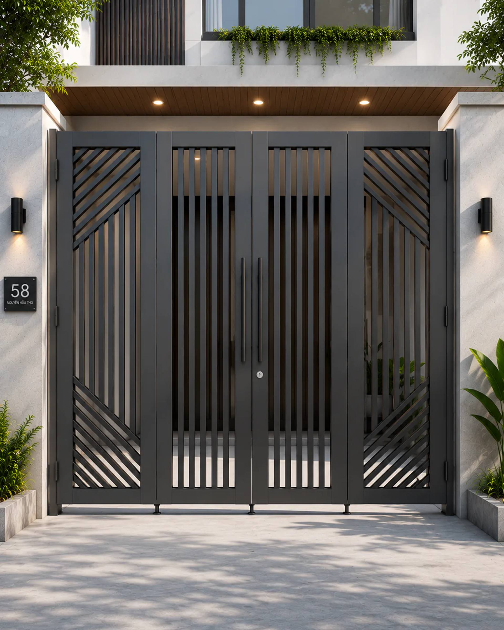 Mẫu cửa cổng sắt 4 cánh đẹp hiện đại mặt tiền nhà phố - Sự kết hợp hoàn hảo giữa sắt hộp mạ kẽm và lớp sơn tĩnh điện mang lại mặt tiền vững chãi cho nhà phố.