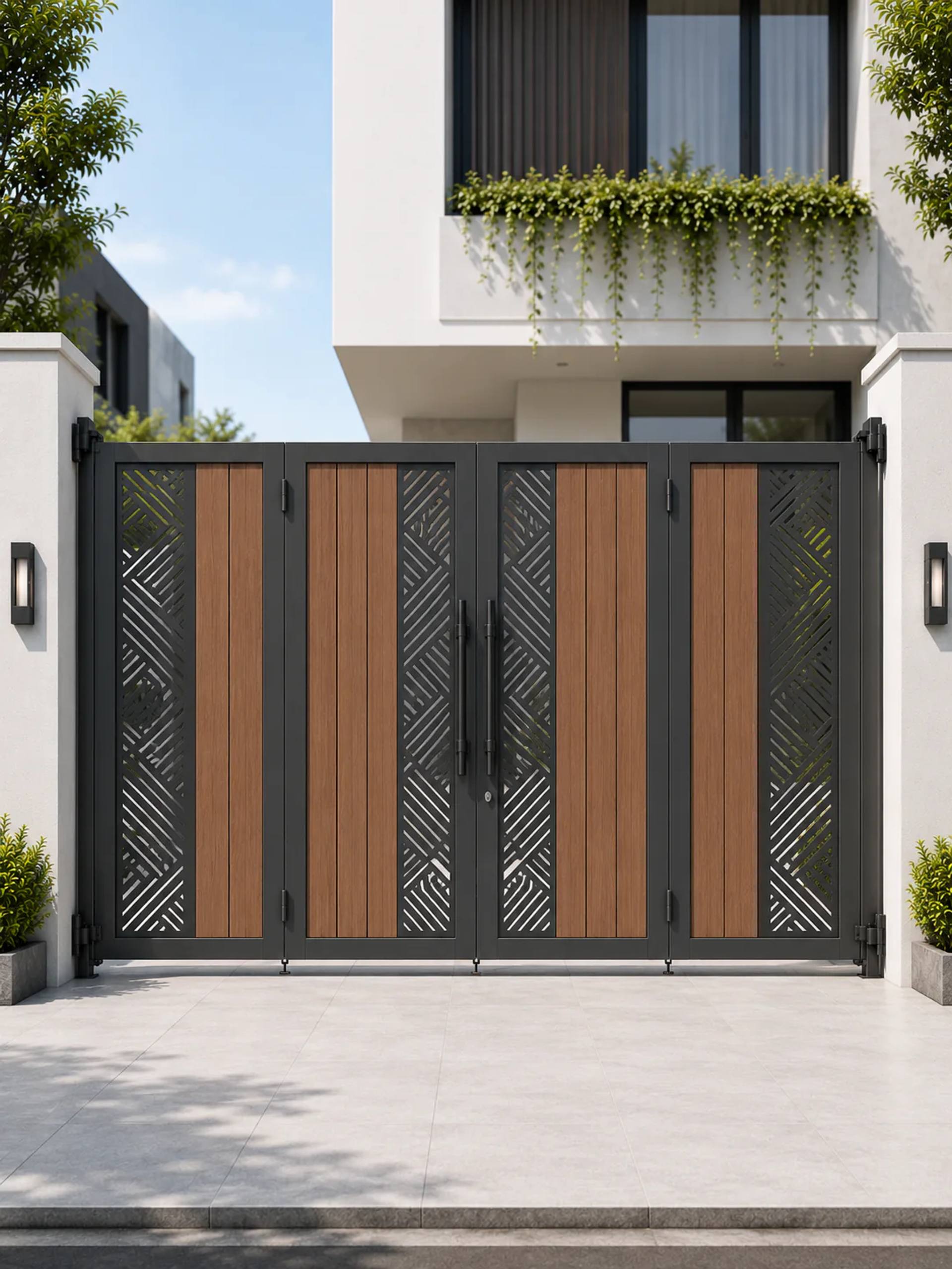 mẫu cổng sắt hộp mạ kẽm màu ghi xám phối vách gỗ nhựa ngoài trời và ô lưới dọc thông thoáng cho nhà phố hiện | HM-CSGN-036