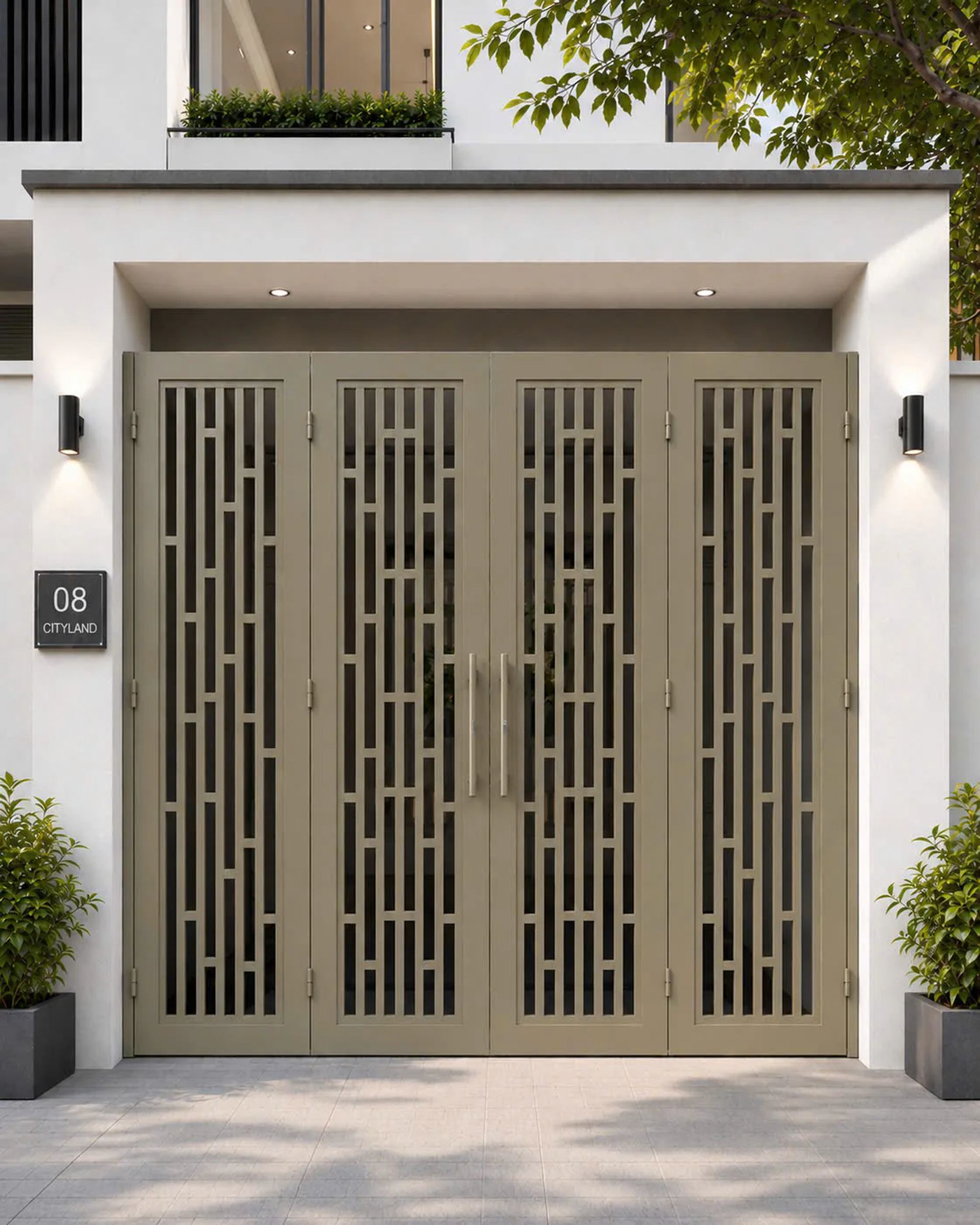 Mẫu cổng sắt 4 cánh lệch nan dọc sắt hộp đơn giản