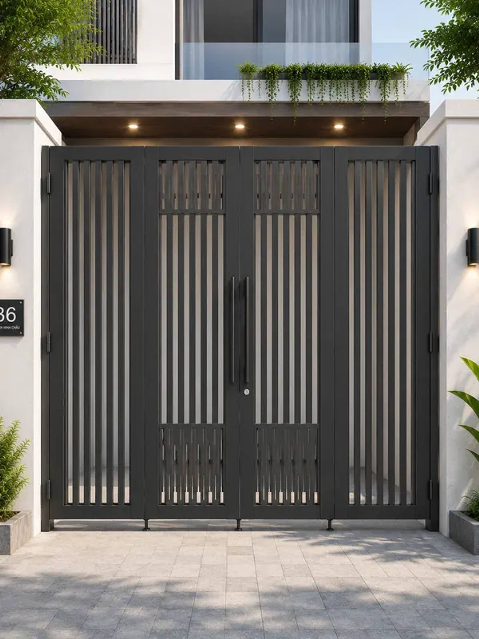 Cổng sắt hộp 4 cánh nan dọc phong cách tối giản thanh lịch | HM-CS4C-025
