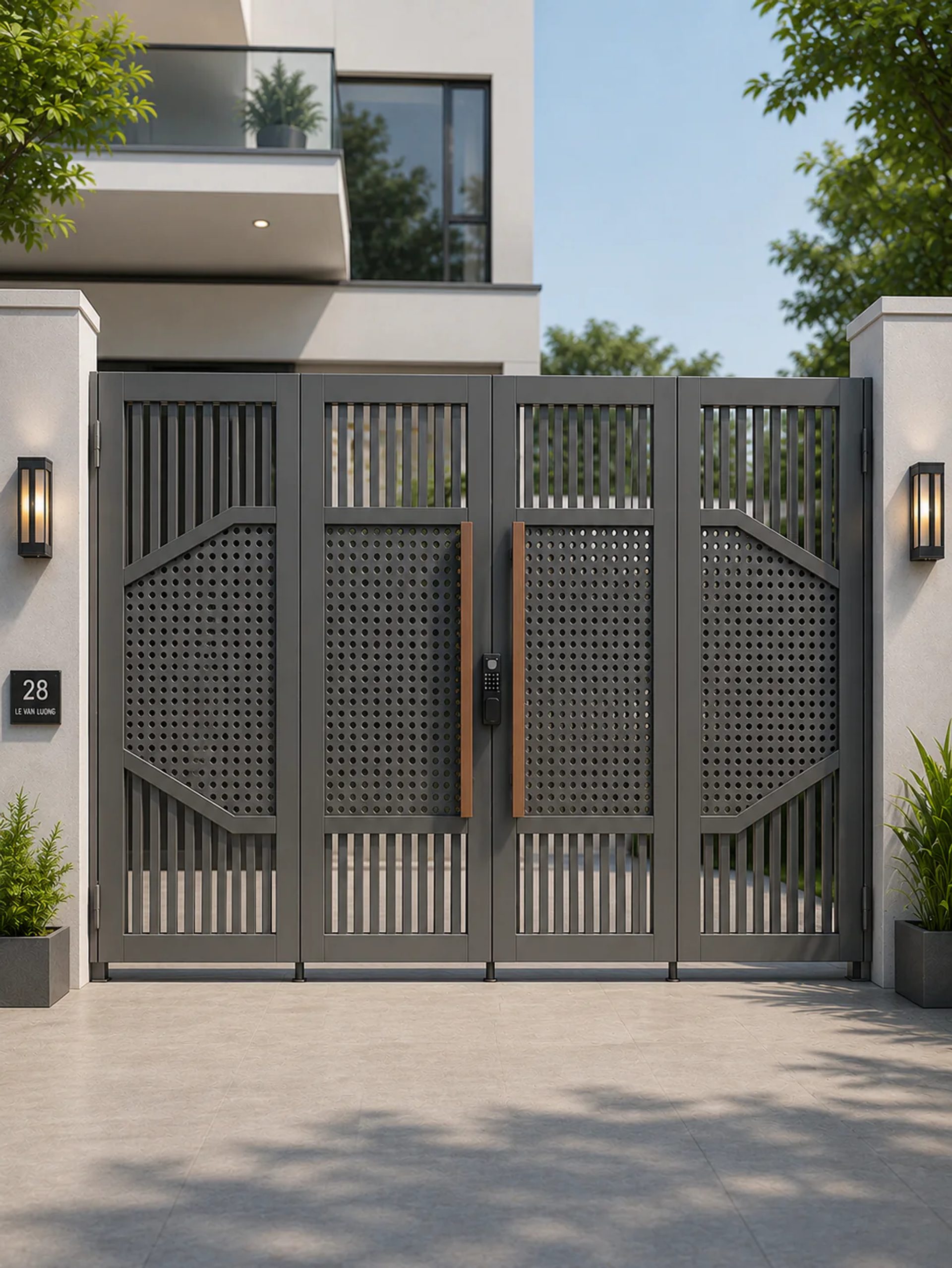 Bản vẽ kích thước cổng sắt 4 cánh chuẩn thước lỗ ban phong thủy mặt tiền nhà phố | HM-CS4C-032