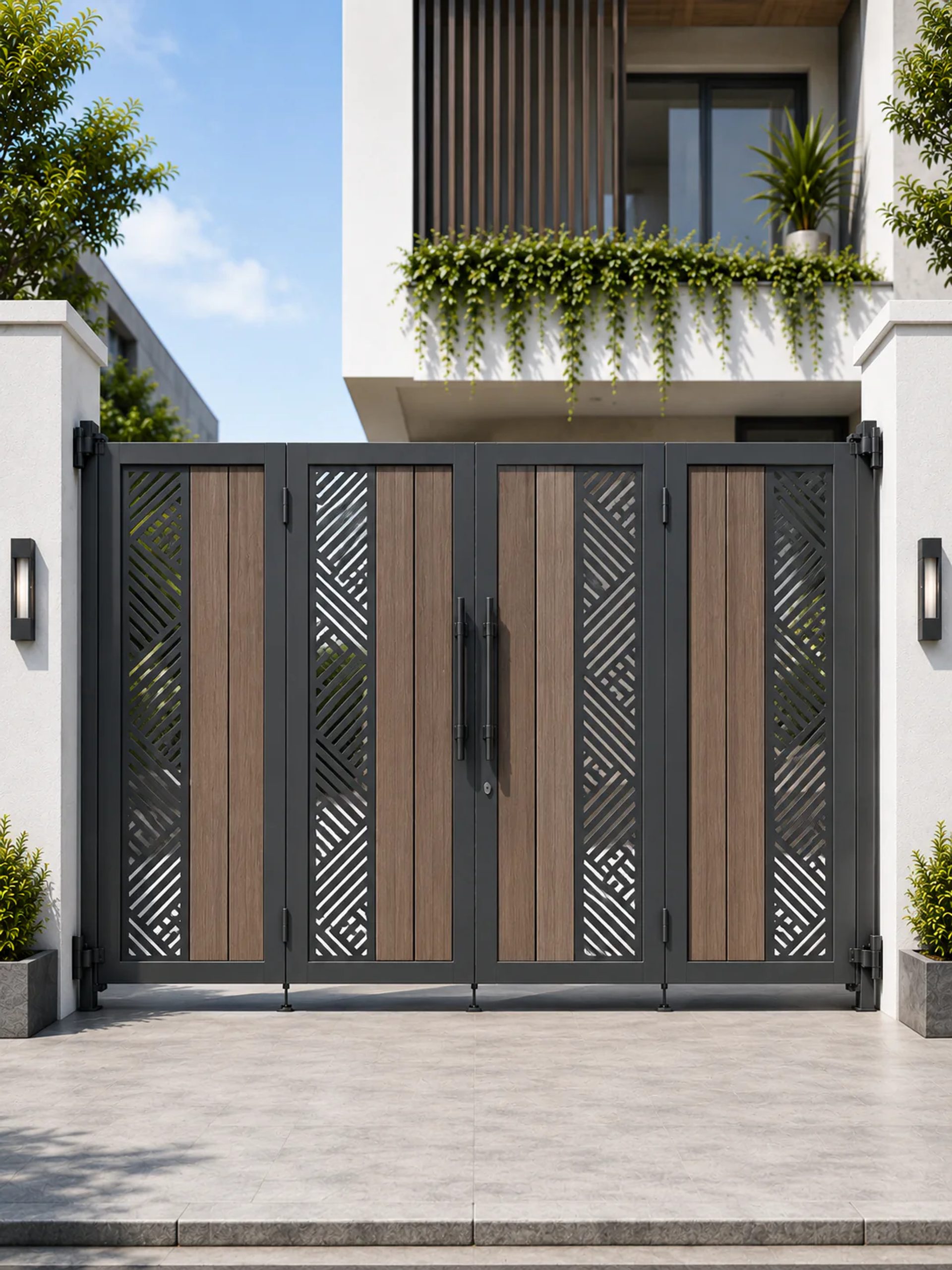 Mẫu cổng sắt giả gỗ 4 cánh composite hiện đại tại biệt thự Hà Nội