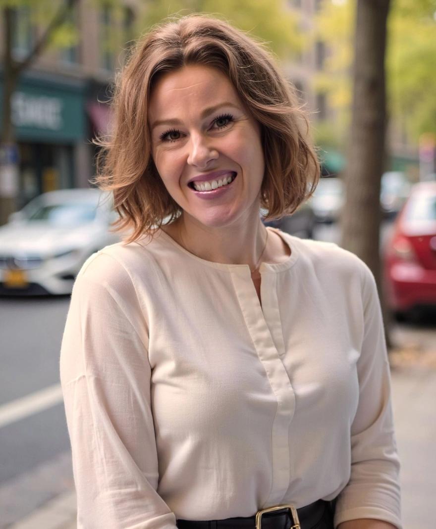 Meghan Breen smiling on a city sidewalk in natural light