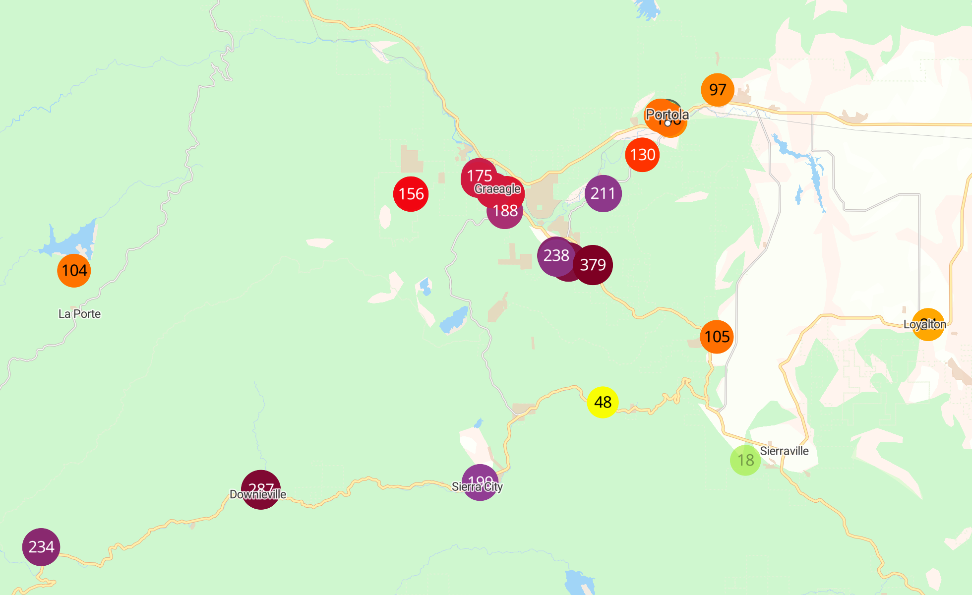 PurpleAir air quality map for the region