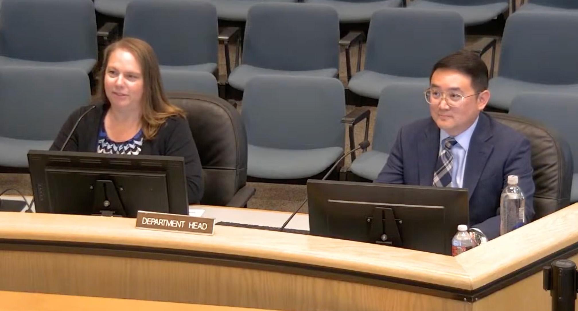 Deputy Chief Fiscal Officer Erin Mettler and KNN Public Finance Director Bobby Cheung address the Nevada County Board of Supervisors.