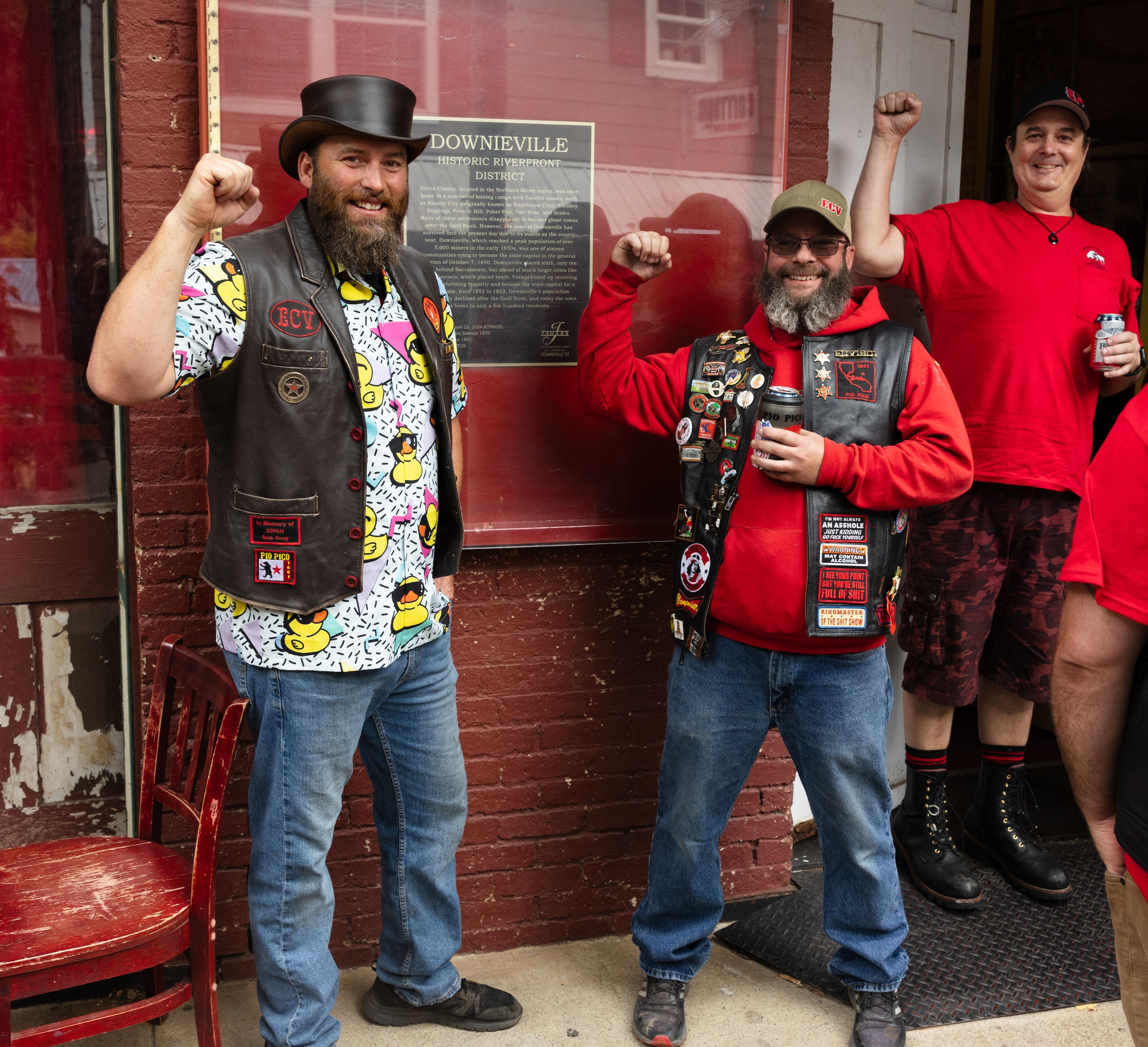 (Left to right) Lee (Duck) Todd (Humbug of E Clampus Vitus 1849), Christopher Hale, and Dave Dummer celebrate the plaque installed outside JADAA’s