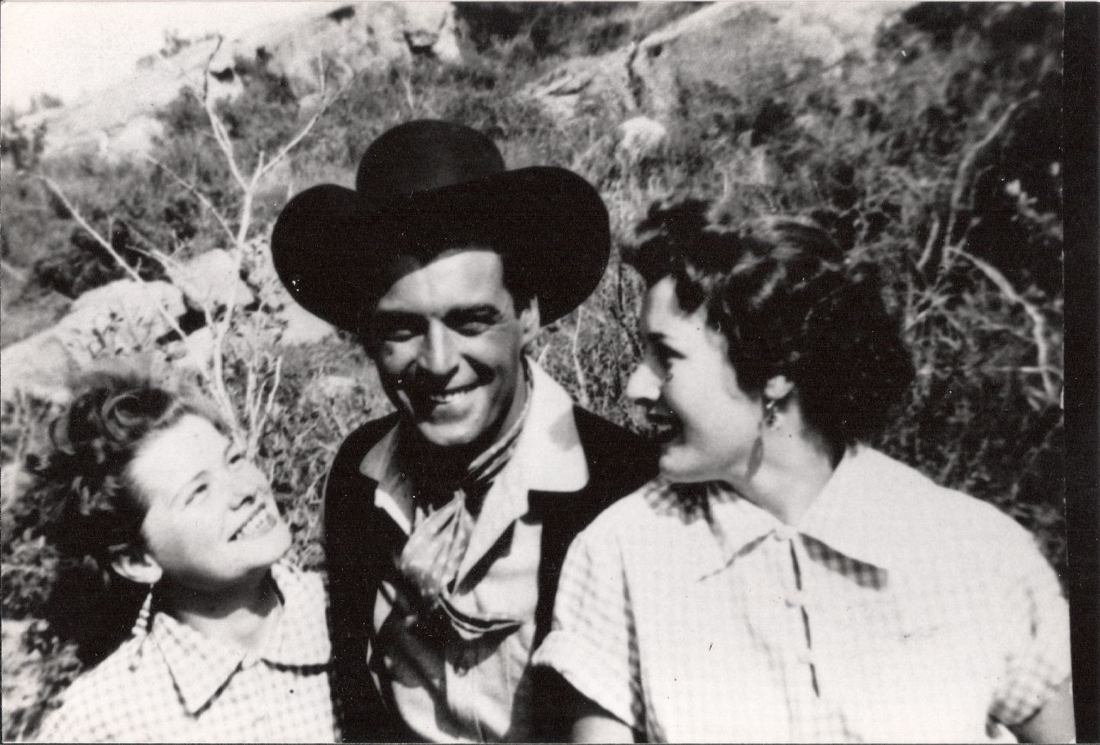 Aunt Irene (far right) with old western movie star Rory Calhoun. Photo taken at the Bell Ranch Movie Location, Chatsworth CA, April 1954.
