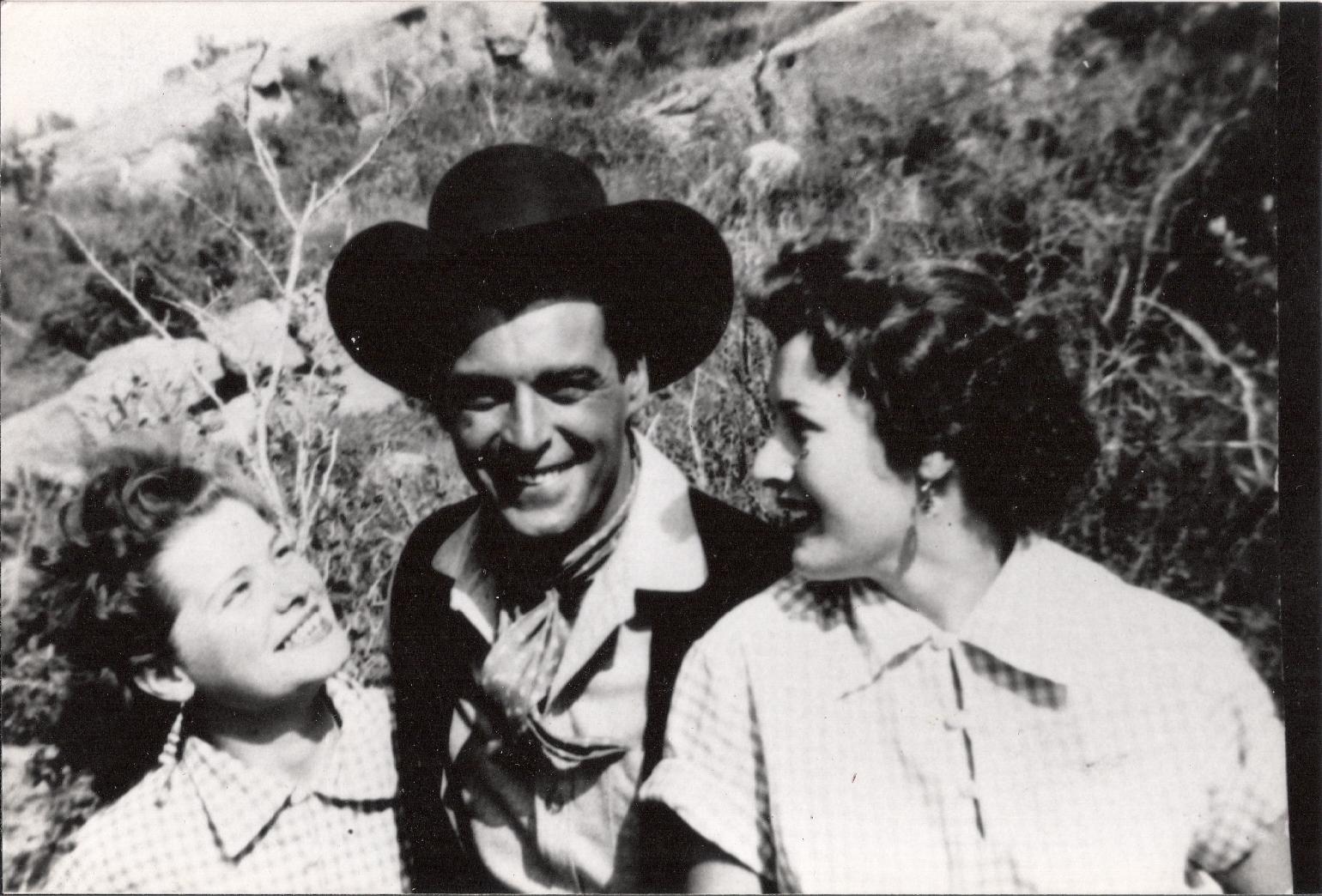 Aunt Irene (far right) with old western movie star Rory Calhoun. Photo taken at the Bell Ranch Movie Location, Chatsworth CA, April 1954.