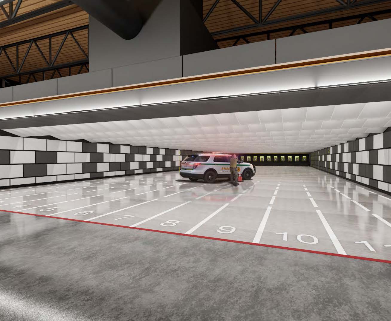 A rendering of the shooting range, which can accommodate vehicles for training scenarios. Render by Modern Building Company and JKAE.