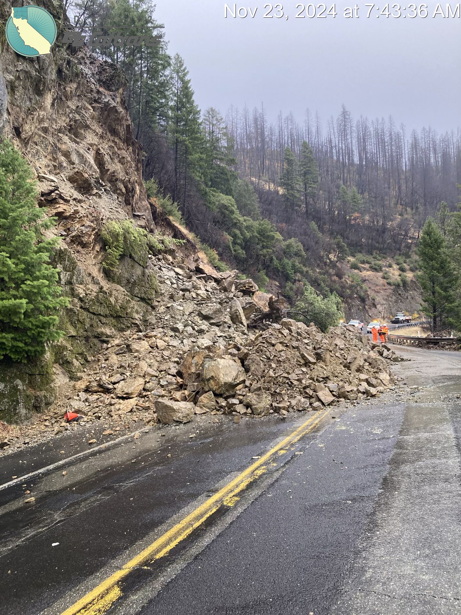 A slide on Highway 70 captured Saturday morning. Photo by Quincy Maintenance Superintendent Josh Dixon, courtesy of Caltrans District 2.