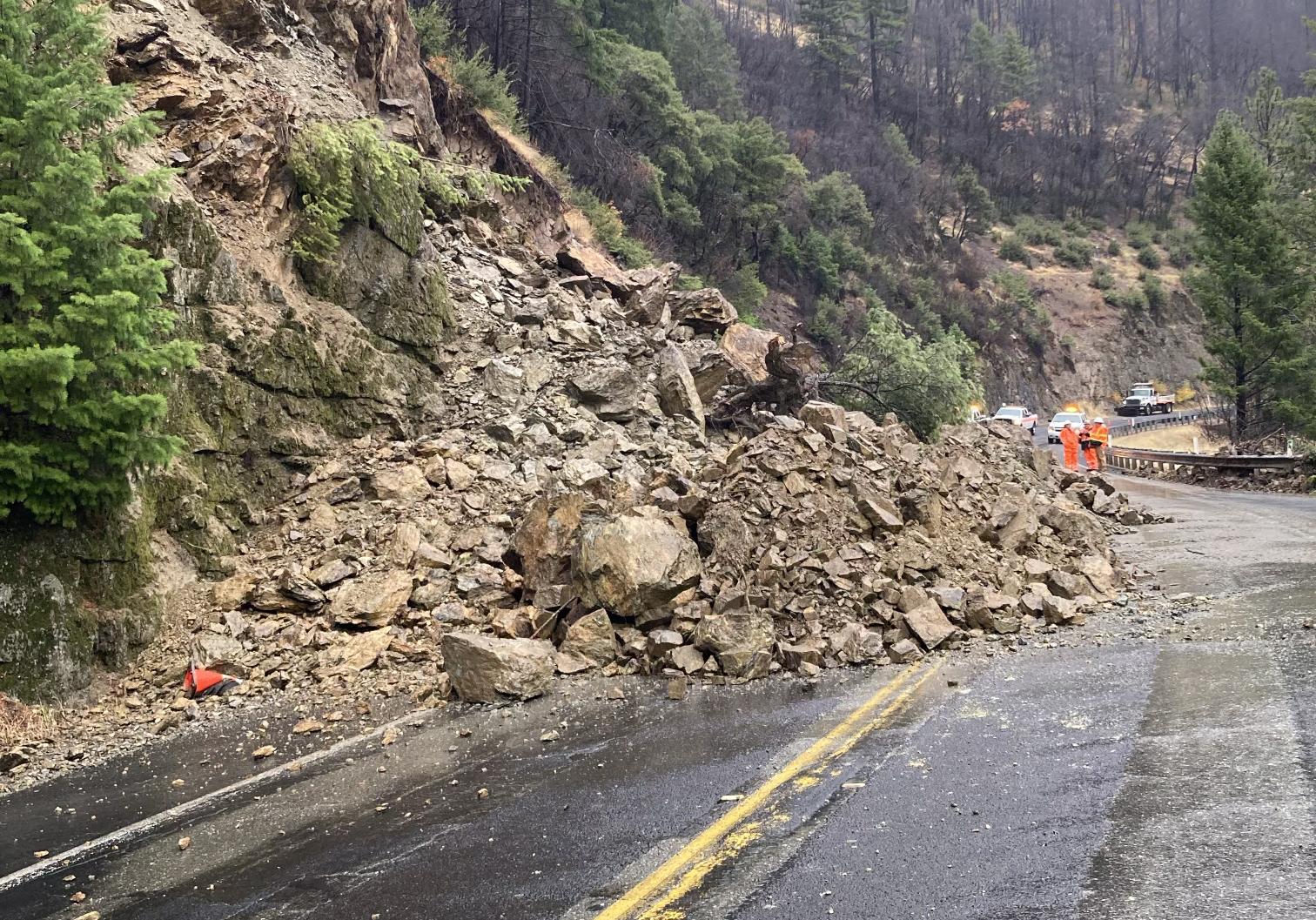 A slide on Highway 70 captured Saturday morning. Photo by Quincy Maintenance Superintendent Josh Dixon, courtesy of Caltrans District 2.