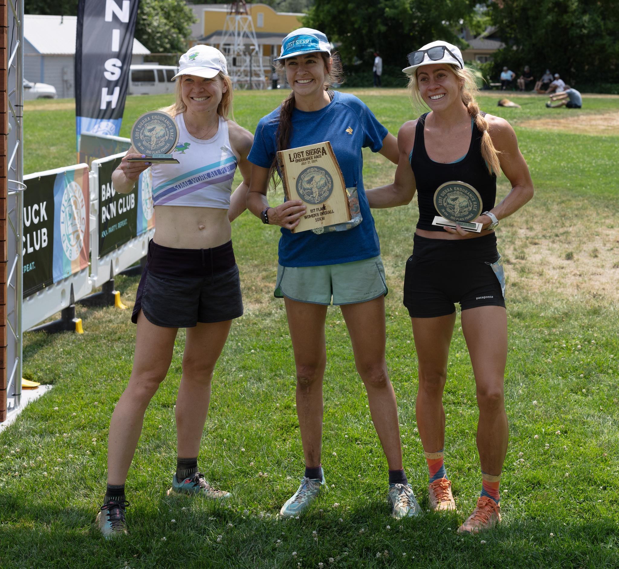 Women’s 50 km podium — (left to right) Aude Hofleitner, Karli Leitz, Kenzie Stewart
