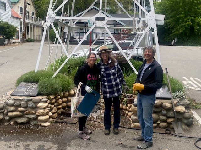 Left to right: Vera Otero, Connie Johnson and Ron Otero at the Bell Tower on Downieville Cleanup Day.