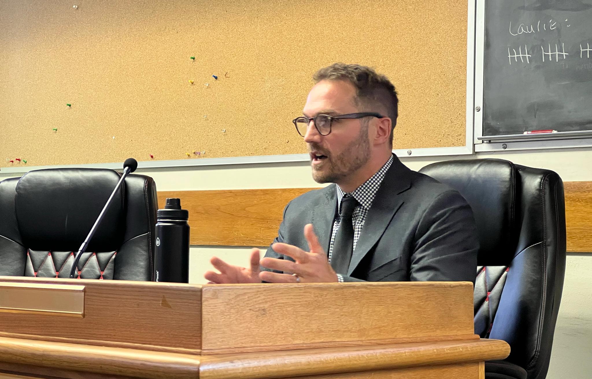 Auditor Candidate Tony Miller fields questions from Board Chair Lee Adams.