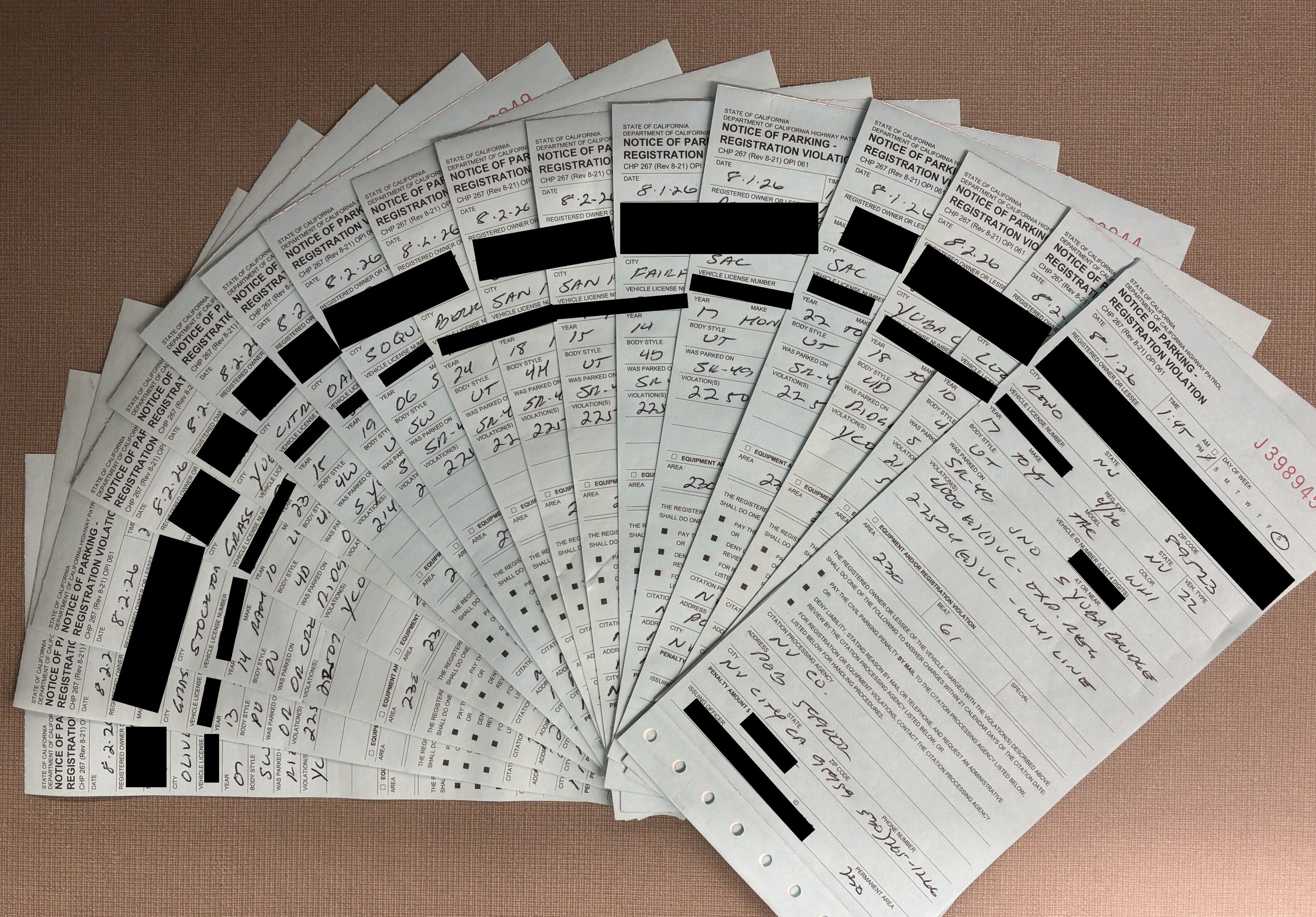 Citations issued over the weekend by Highway Patrol officers for parking violations. Photo: CHP – Grass Valley.